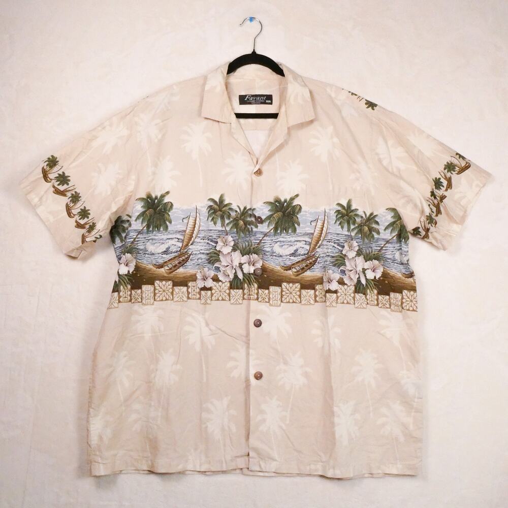 Favant Hawaiian Aloha Shirt Size XXXL Tan Blue Sailing Canoe Print Palm Hibiscus